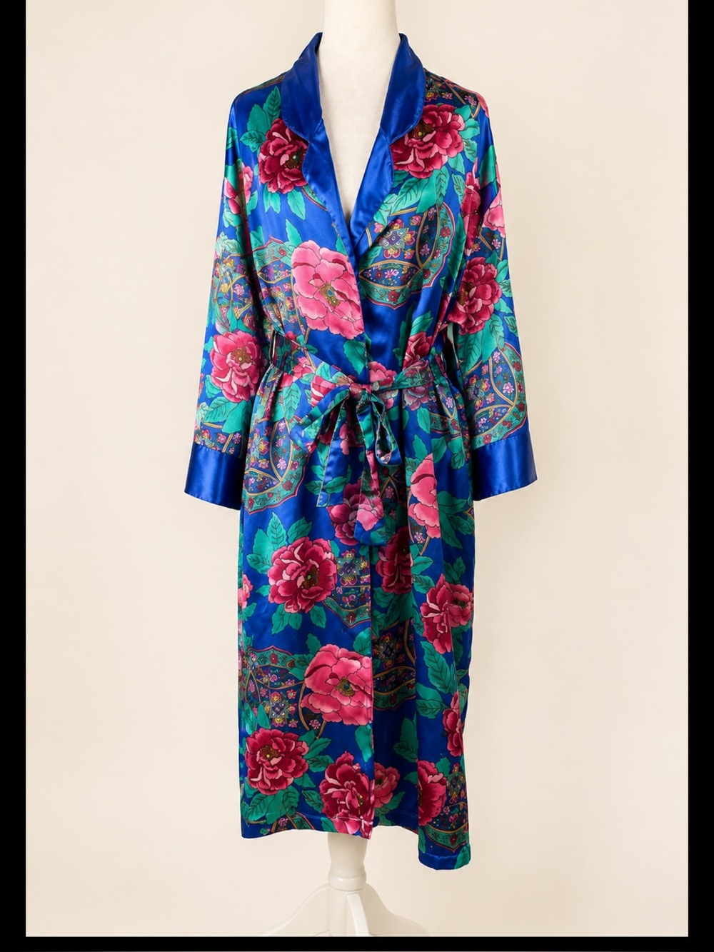 Cathryn Blue Floral Satin Robe Long Kimono Belted M